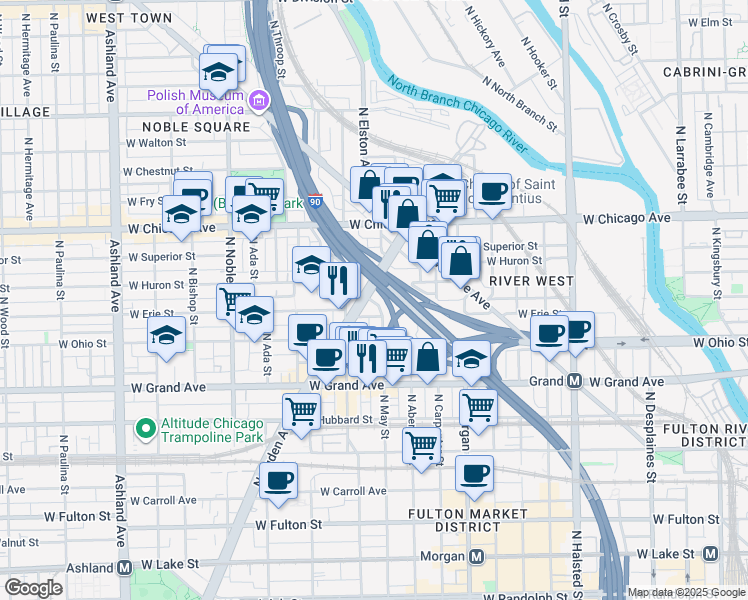 map of restaurants, bars, coffee shops, grocery stores, and more near 1120 West Erie Street in Chicago