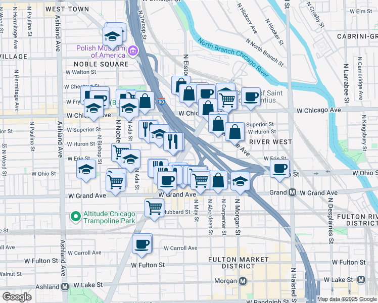 map of restaurants, bars, coffee shops, grocery stores, and more near in Chicago