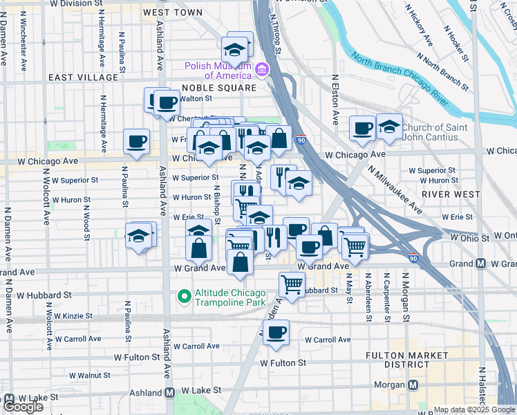 map of restaurants, bars, coffee shops, grocery stores, and more near 1348 West Erie Street in Chicago