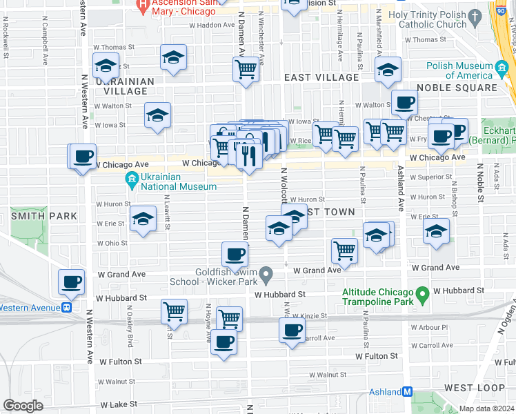 map of restaurants, bars, coffee shops, grocery stores, and more near in Chicago