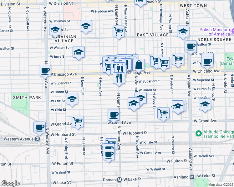 map of restaurants, bars, coffee shops, grocery stores, and more near in Chicago