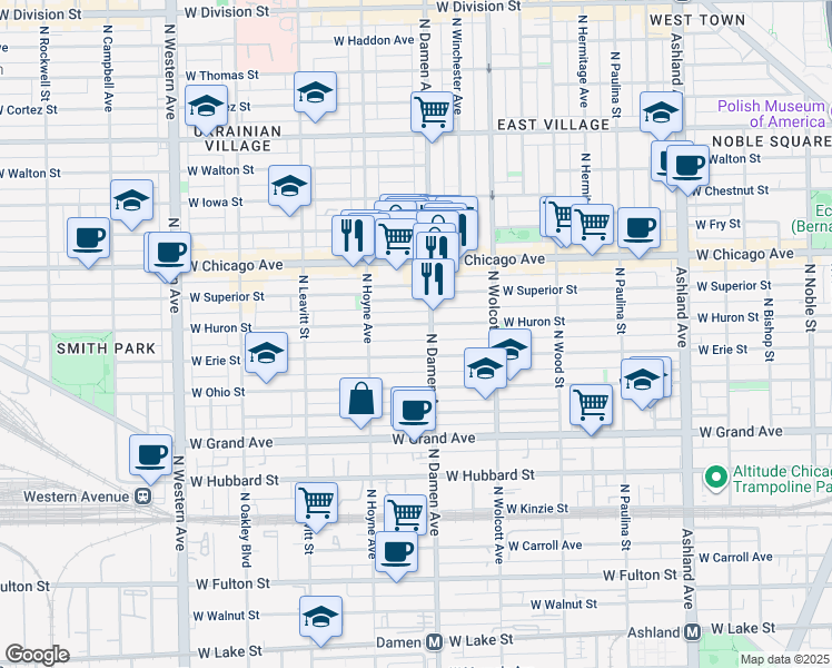map of restaurants, bars, coffee shops, grocery stores, and more near 2026 West Erie Street in Chicago