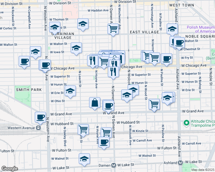 map of restaurants, bars, coffee shops, grocery stores, and more near 2026 West Erie Street in Chicago
