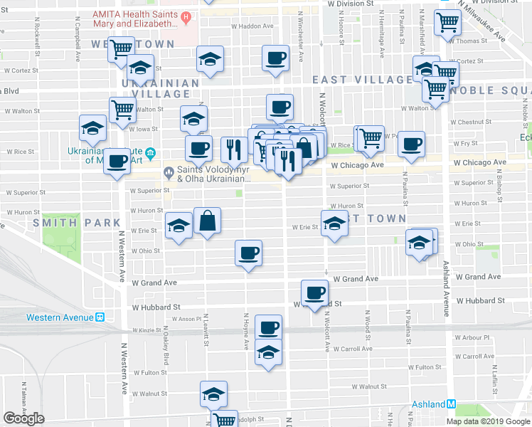 map of restaurants, bars, coffee shops, grocery stores, and more near 2026 West Erie Street in Chicago