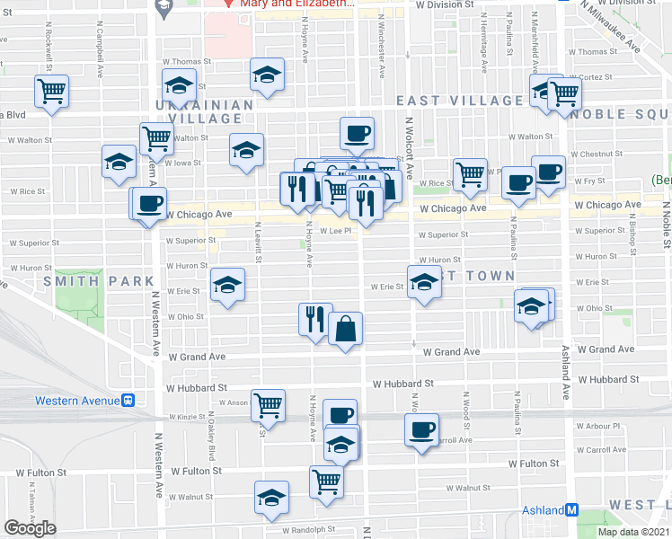 map of restaurants, bars, coffee shops, grocery stores, and more near 2026 West Erie Street in Chicago