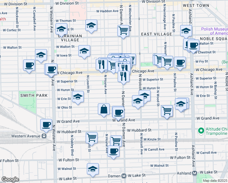 map of restaurants, bars, coffee shops, grocery stores, and more near 2026 West Erie Street in Chicago
