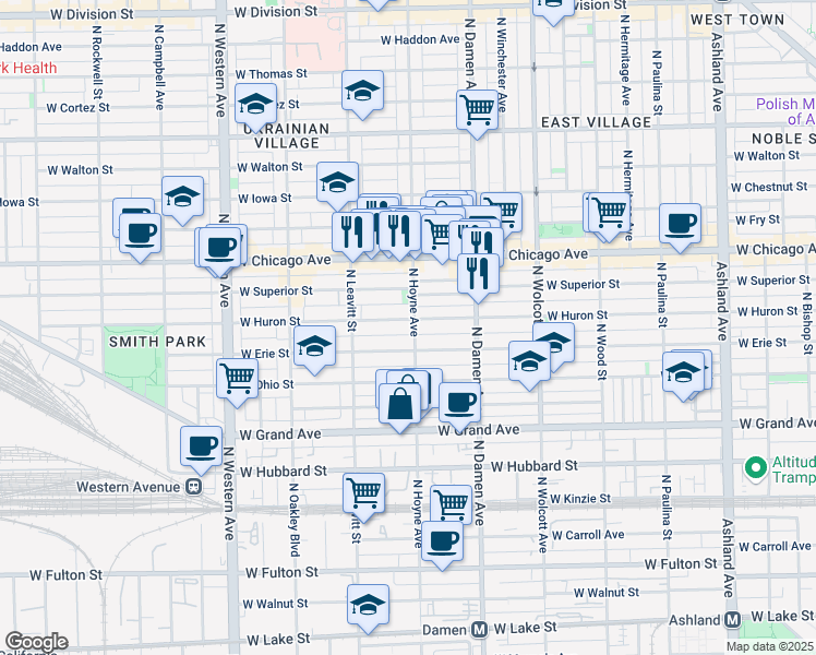 map of restaurants, bars, coffee shops, grocery stores, and more near 643 North Hoyne Avenue in Chicago