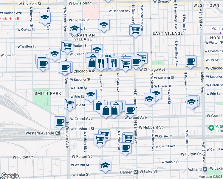 map of restaurants, bars, coffee shops, grocery stores, and more near 2142 West Erie Street in Chicago