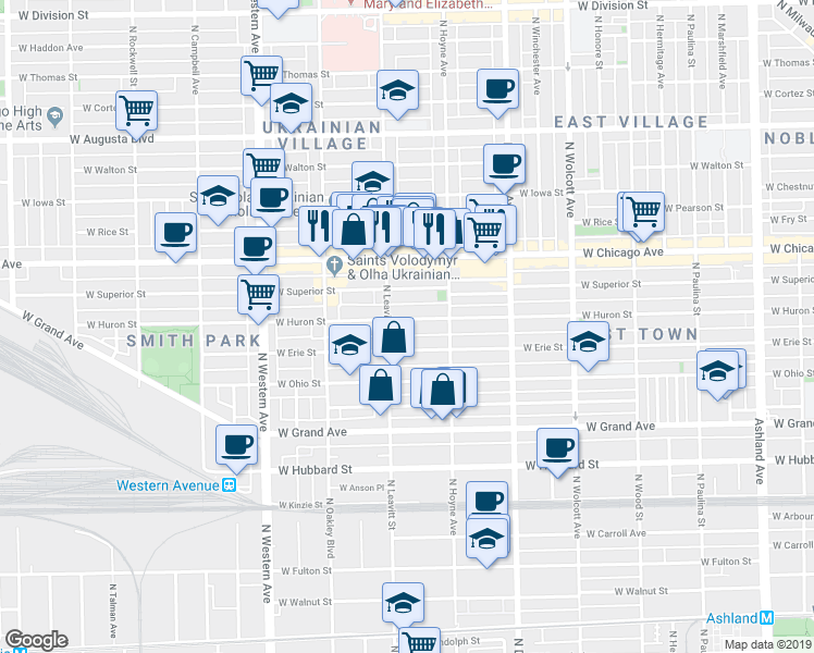 map of restaurants, bars, coffee shops, grocery stores, and more near 2142 West Erie Street in Chicago