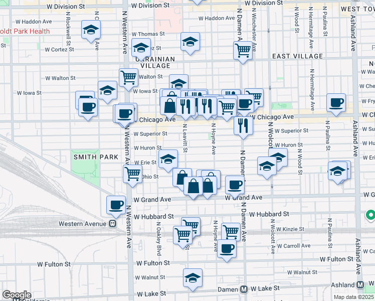 map of restaurants, bars, coffee shops, grocery stores, and more near 2142 West Erie Street in Chicago