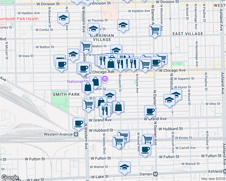map of restaurants, bars, coffee shops, grocery stores, and more near 2225 West Huron Street in Chicago