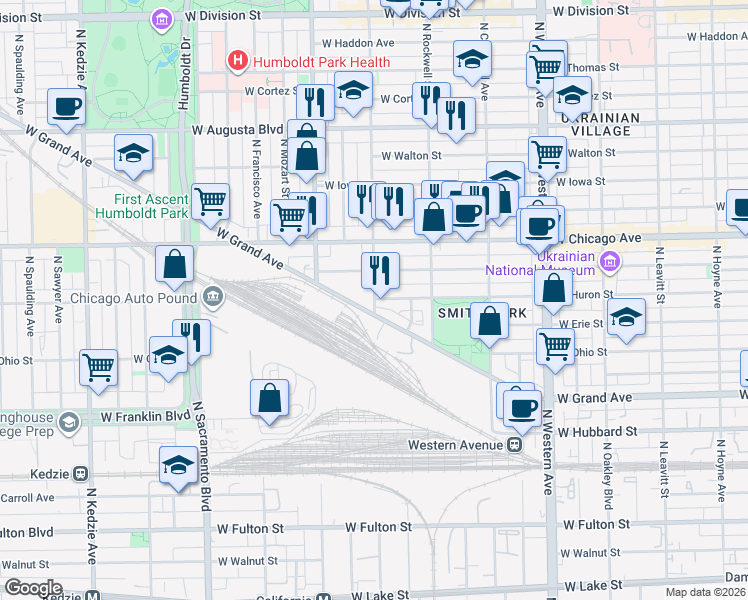 map of restaurants, bars, coffee shops, grocery stores, and more near 2700 West Grand Avenue in Chicago