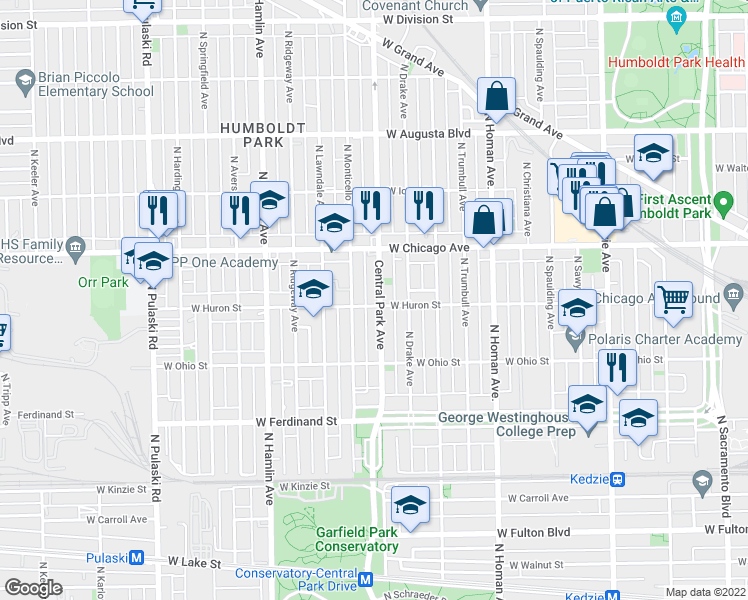 map of restaurants, bars, coffee shops, grocery stores, and more near 657 North Monticello Avenue in Chicago