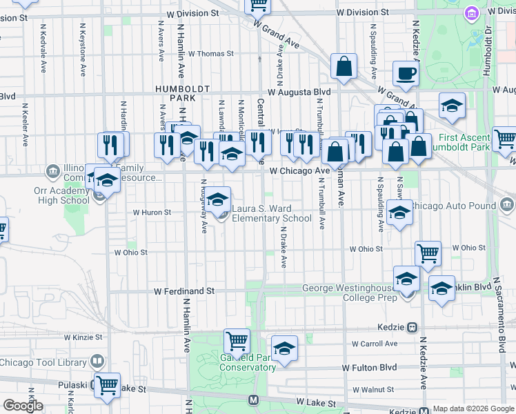 map of restaurants, bars, coffee shops, grocery stores, and more near 657 North Monticello Avenue in Chicago