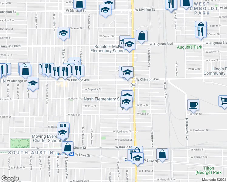 map of restaurants, bars, coffee shops, grocery stores, and more near 4904 West Huron Street in Chicago
