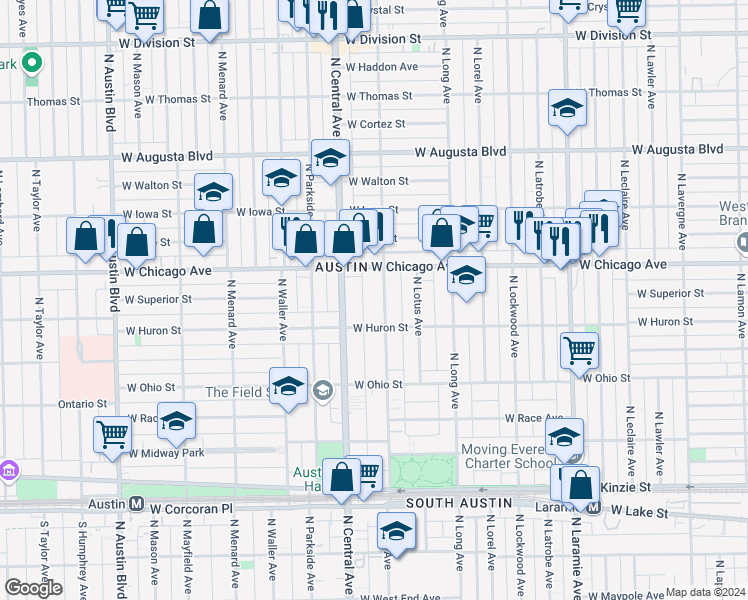map of restaurants, bars, coffee shops, grocery stores, and more near in Chicago