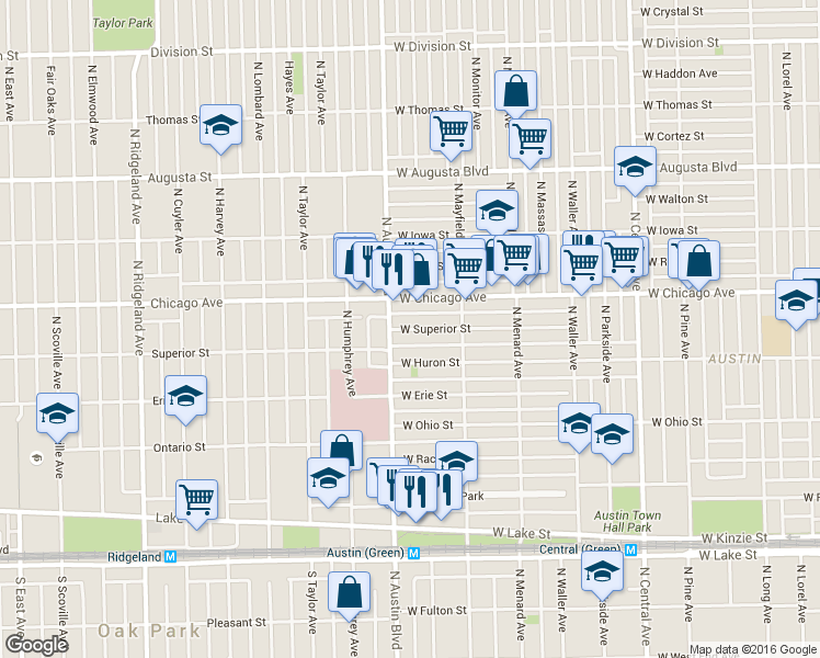 map of restaurants, bars, coffee shops, grocery stores, and more near 5947 West Superior Street in Chicago