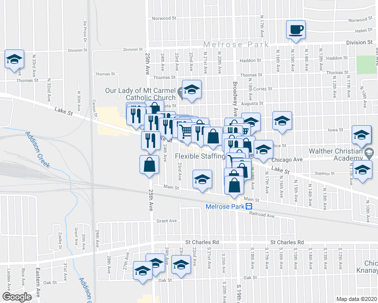 map of restaurants, bars, coffee shops, grocery stores, and more near 153 23rd Avenue in Melrose Park