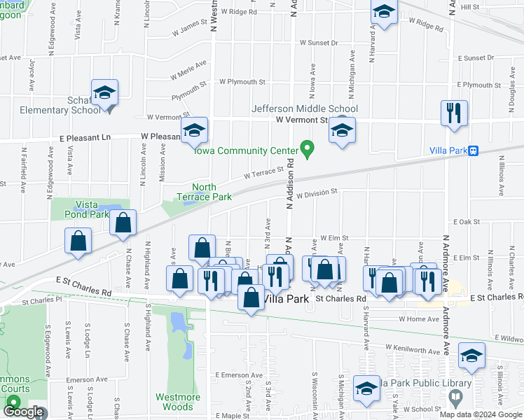 map of restaurants, bars, coffee shops, grocery stores, and more near 225 North 3rd Avenue in Villa Park