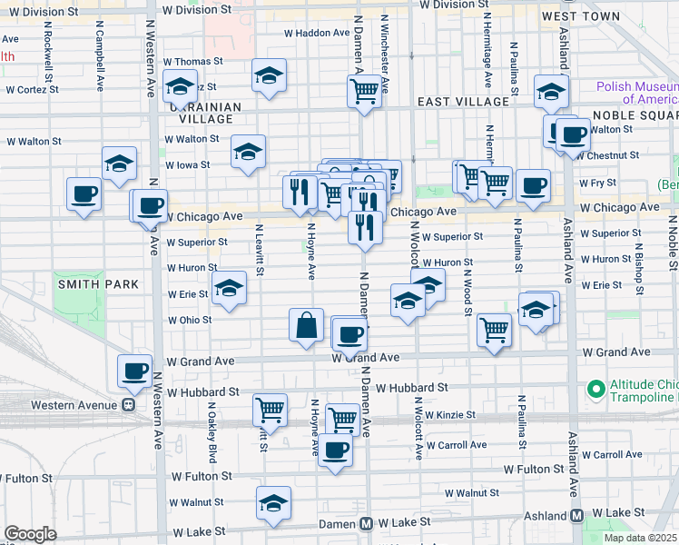 map of restaurants, bars, coffee shops, grocery stores, and more near 2026 West Erie Street in Chicago