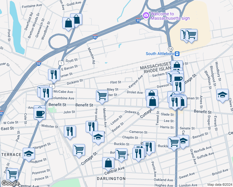map of restaurants, bars, coffee shops, grocery stores, and more near 46 Foster Street in Pawtucket