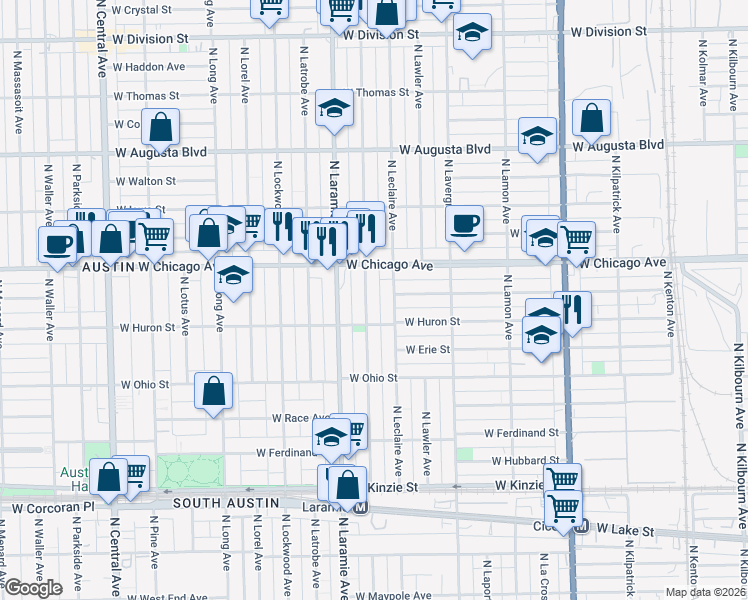 map of restaurants, bars, coffee shops, grocery stores, and more near 712 North Leamington Avenue in Chicago