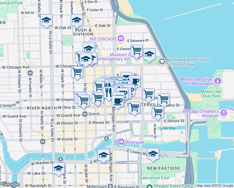 map of restaurants, bars, coffee shops, grocery stores, and more near 645 North Michigan Avenue in Chicago