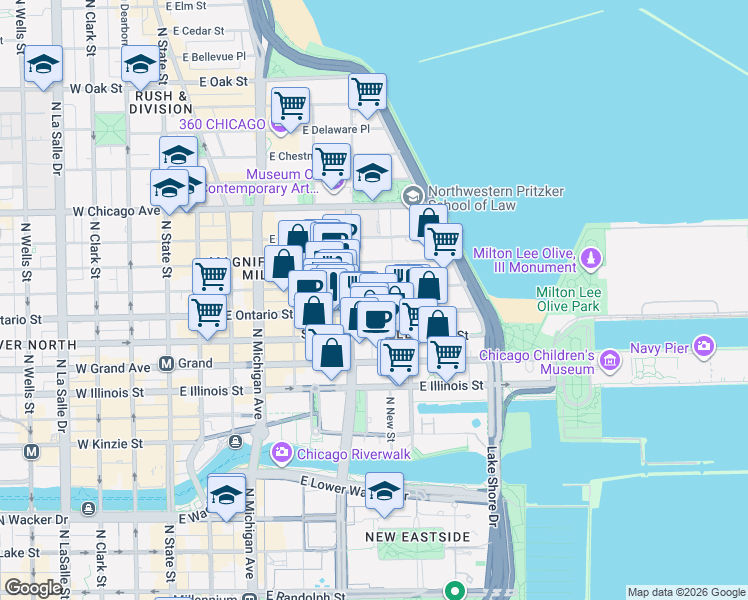 map of restaurants, bars, coffee shops, grocery stores, and more near 328 East Ontario Street in Chicago