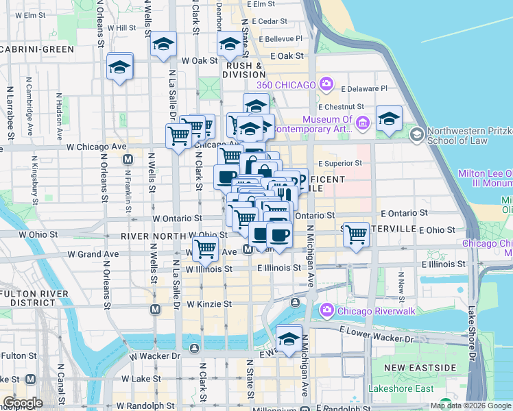 map of restaurants, bars, coffee shops, grocery stores, and more near 1 East Erie Street in Chicago