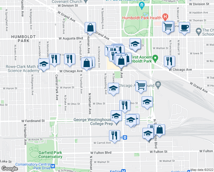 map of restaurants, bars, coffee shops, grocery stores, and more near 3256 West Huron Street in Chicago