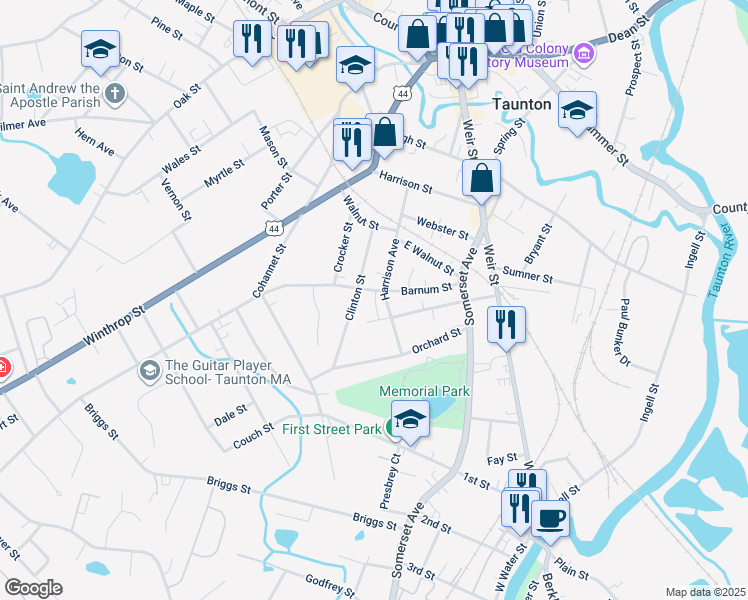 map of restaurants, bars, coffee shops, grocery stores, and more near 32 Barnum Street in Taunton