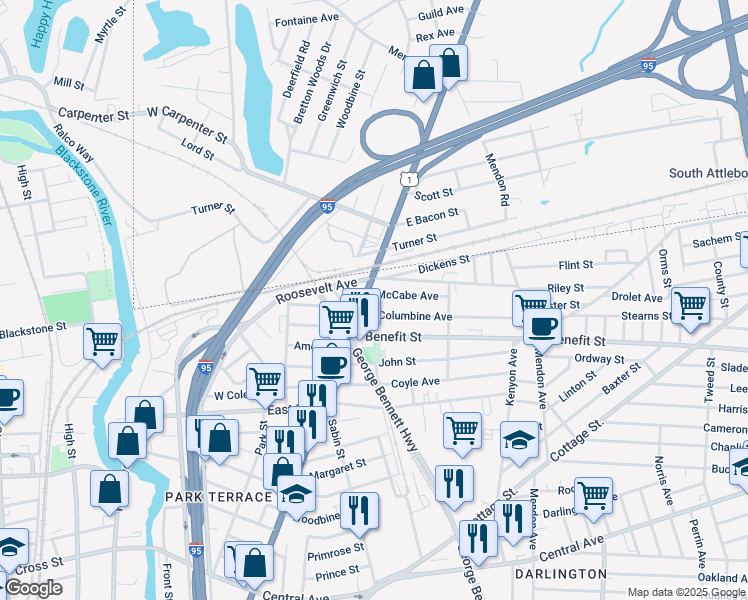 map of restaurants, bars, coffee shops, grocery stores, and more near 777 Broadway in Pawtucket