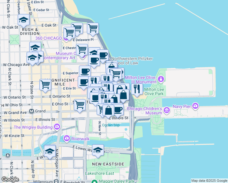 map of restaurants, bars, coffee shops, grocery stores, and more near 441 East Erie Street in Chicago