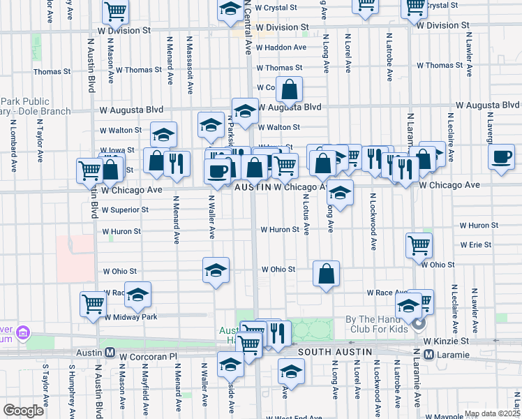 map of restaurants, bars, coffee shops, grocery stores, and more near 729 North Central Avenue in Chicago