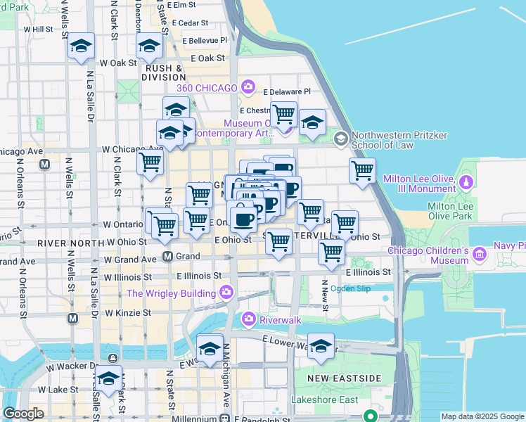 map of restaurants, bars, coffee shops, grocery stores, and more near 633 North Saint Clair Street in Chicago