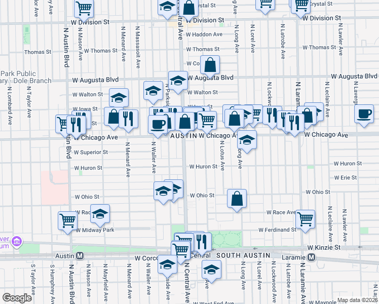 map of restaurants, bars, coffee shops, grocery stores, and more near 719 North Central Avenue in Chicago