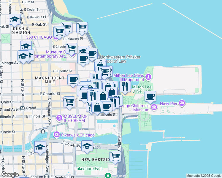 map of restaurants, bars, coffee shops, grocery stores, and more near 644 North Lake Shore Drive in Chicago
