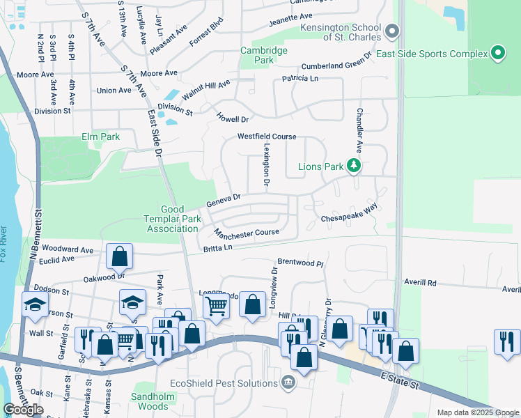 map of restaurants, bars, coffee shops, grocery stores, and more near 1007 Britta Lane in Geneva