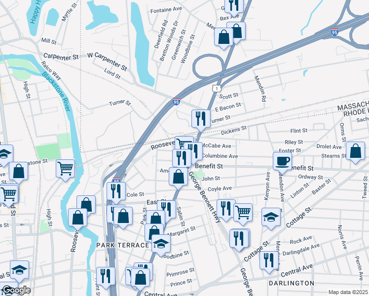map of restaurants, bars, coffee shops, grocery stores, and more near 35 Tingley Street in Pawtucket