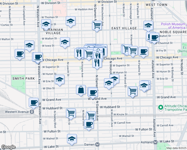 map of restaurants, bars, coffee shops, grocery stores, and more near 2011 West Huron Street in Chicago