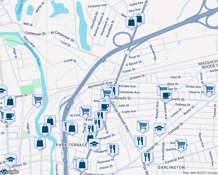 map of restaurants, bars, coffee shops, grocery stores, and more near 31 Collins Avenue in Pawtucket