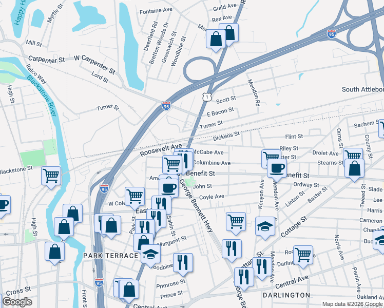 map of restaurants, bars, coffee shops, grocery stores, and more near 777 Broadway in Pawtucket
