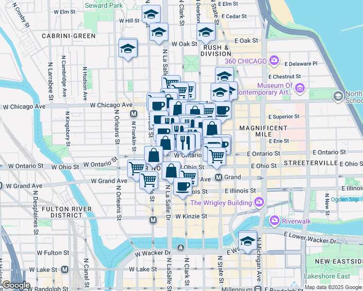 map of restaurants, bars, coffee shops, grocery stores, and more near 100 West Ontario Street in Chicago
