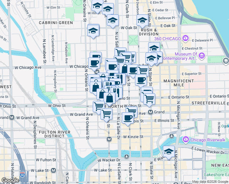map of restaurants, bars, coffee shops, grocery stores, and more near in Chicago