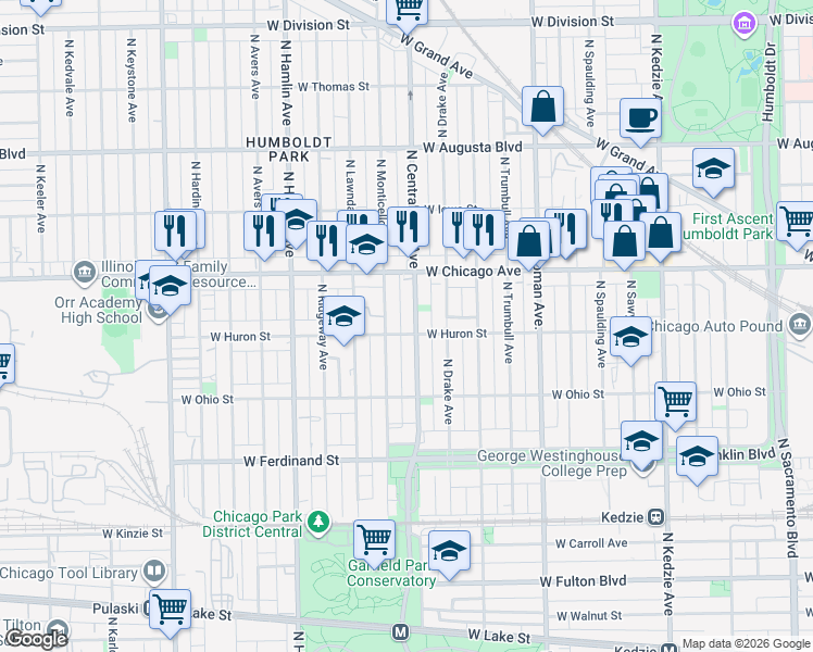 map of restaurants, bars, coffee shops, grocery stores, and more near 657 North Monticello Avenue in Chicago