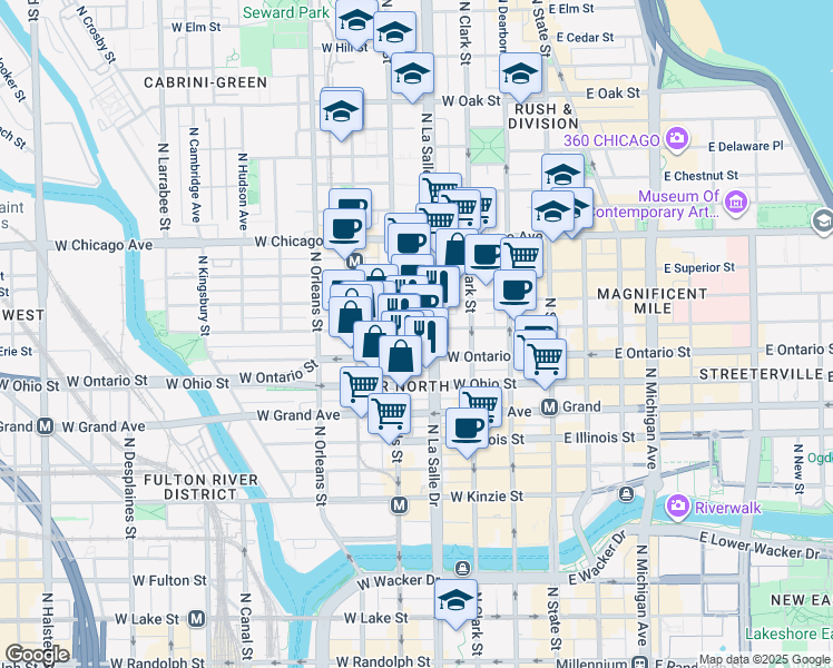 map of restaurants, bars, coffee shops, grocery stores, and more near 167 West Erie Street in Chicago