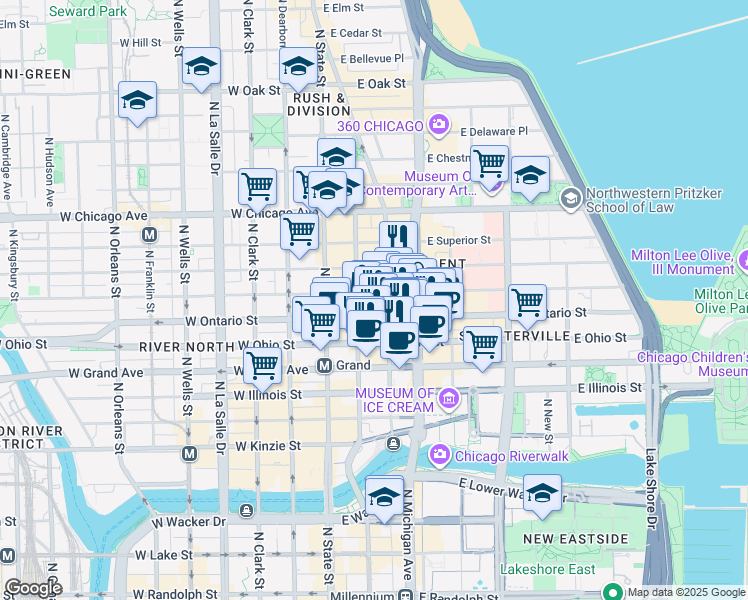 map of restaurants, bars, coffee shops, grocery stores, and more near 55 East Erie Street in Chicago