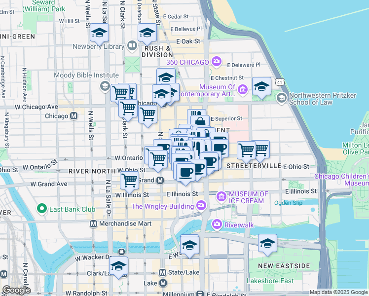 map of restaurants, bars, coffee shops, grocery stores, and more near 101 East Erie Street in Chicago