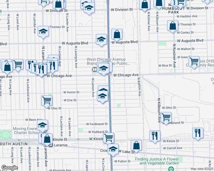 map of restaurants, bars, coffee shops, grocery stores, and more near 4805 West Superior Street in Chicago