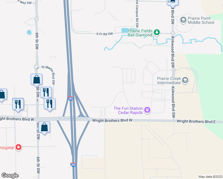 map of restaurants, bars, coffee shops, grocery stores, and more near 8710 Earhart Lane Southwest in Cedar Rapids